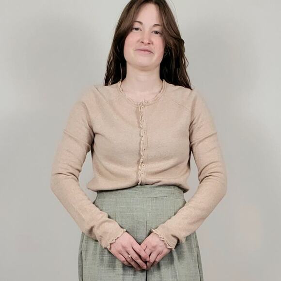 Vintage 90s Y2K Wool Angora Ruffle Cardigan Tan Small - Picture 1 of 10